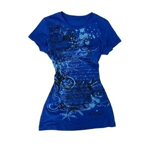 Unbranded Graphic T-Shirt Women Small Blue Excellent Y2K Scroll Print Slim Fit